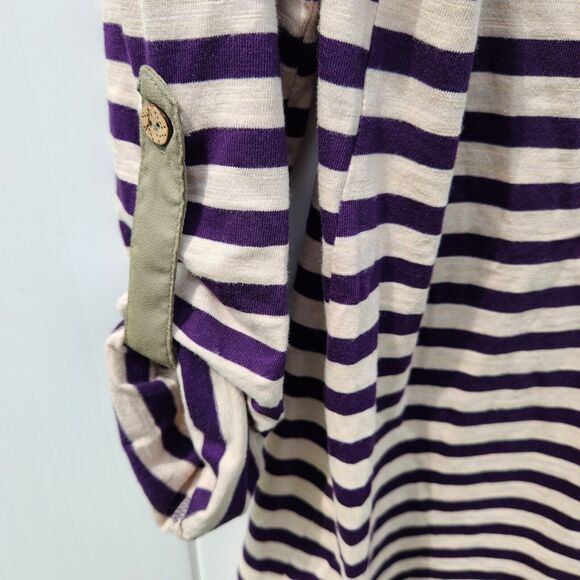 BKE Striped Henley Top Sz Sm V Neck Green Blue Cream Split Neck Tunic Roll Tab - Picture 7 of 9